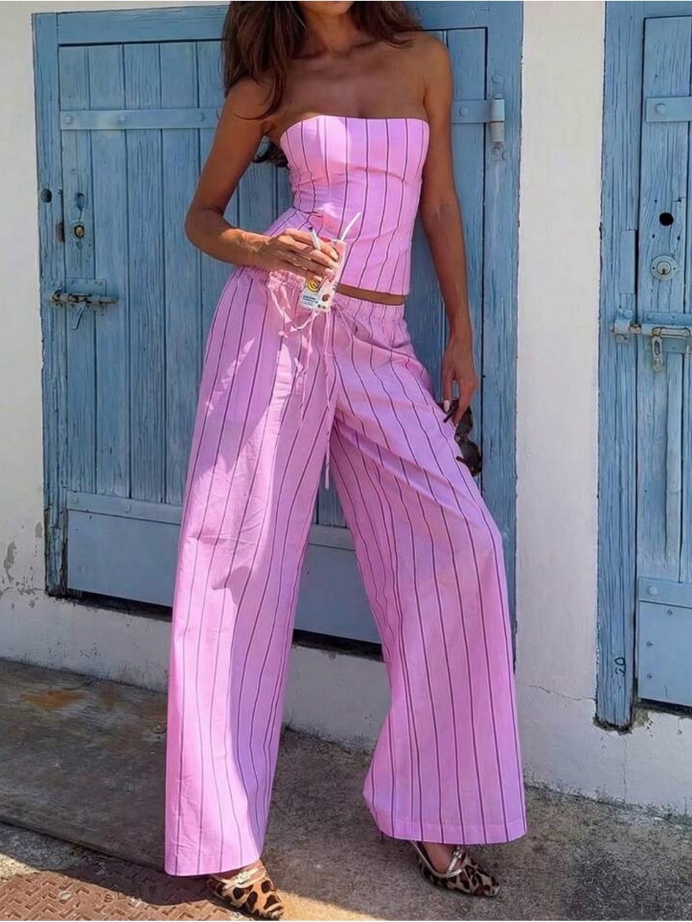 Striped Pink Wide-Leg Pants - Women's Summer Jumpsuit Set